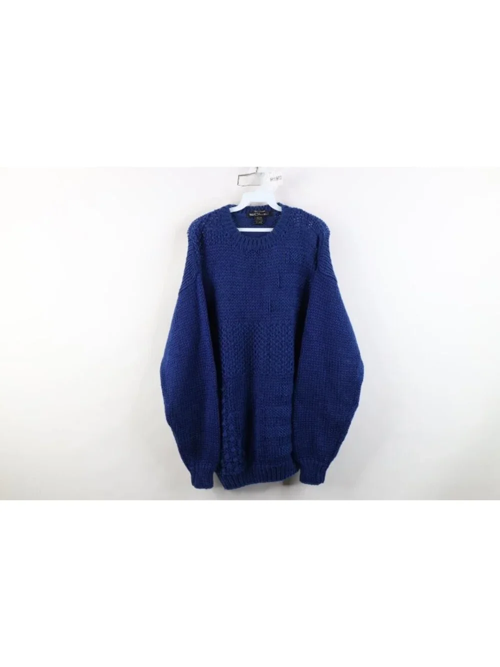 Vintage 90s Streetwear Mens Medium Hand Made Chunky Crochet Knit Sweater Blue